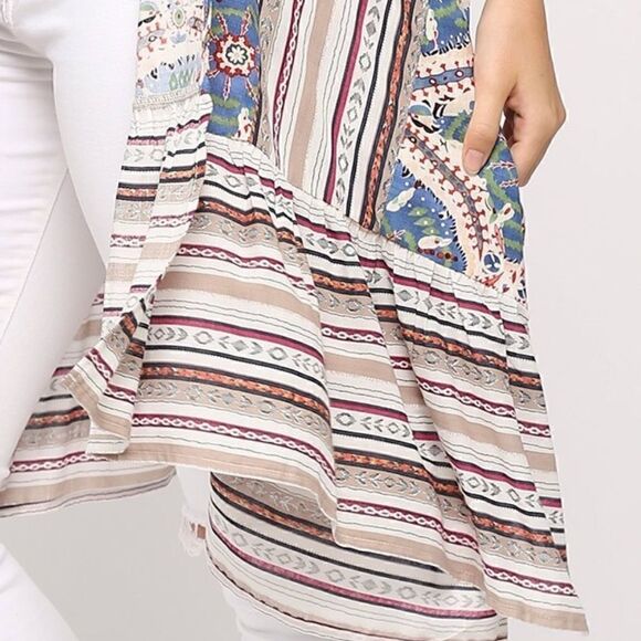 NWT! Beautiful Boho Mandala Tribal Print Ruffled Hem Kimono Duster Cardigan - Picture 5 of 7